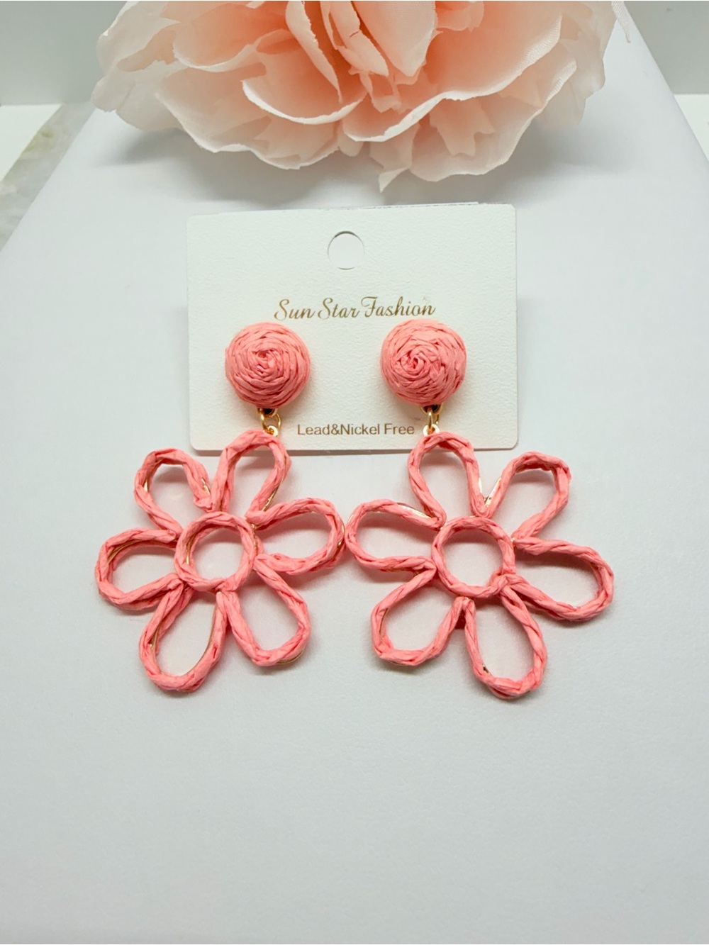 Coral Pink Raffia Flower Drop Earrings